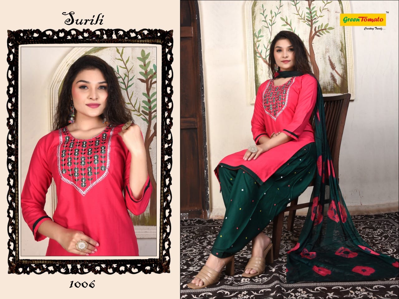 Surili Green Tomato Rayon Readymade Salwar Suits Manufacturer Ahmedabad