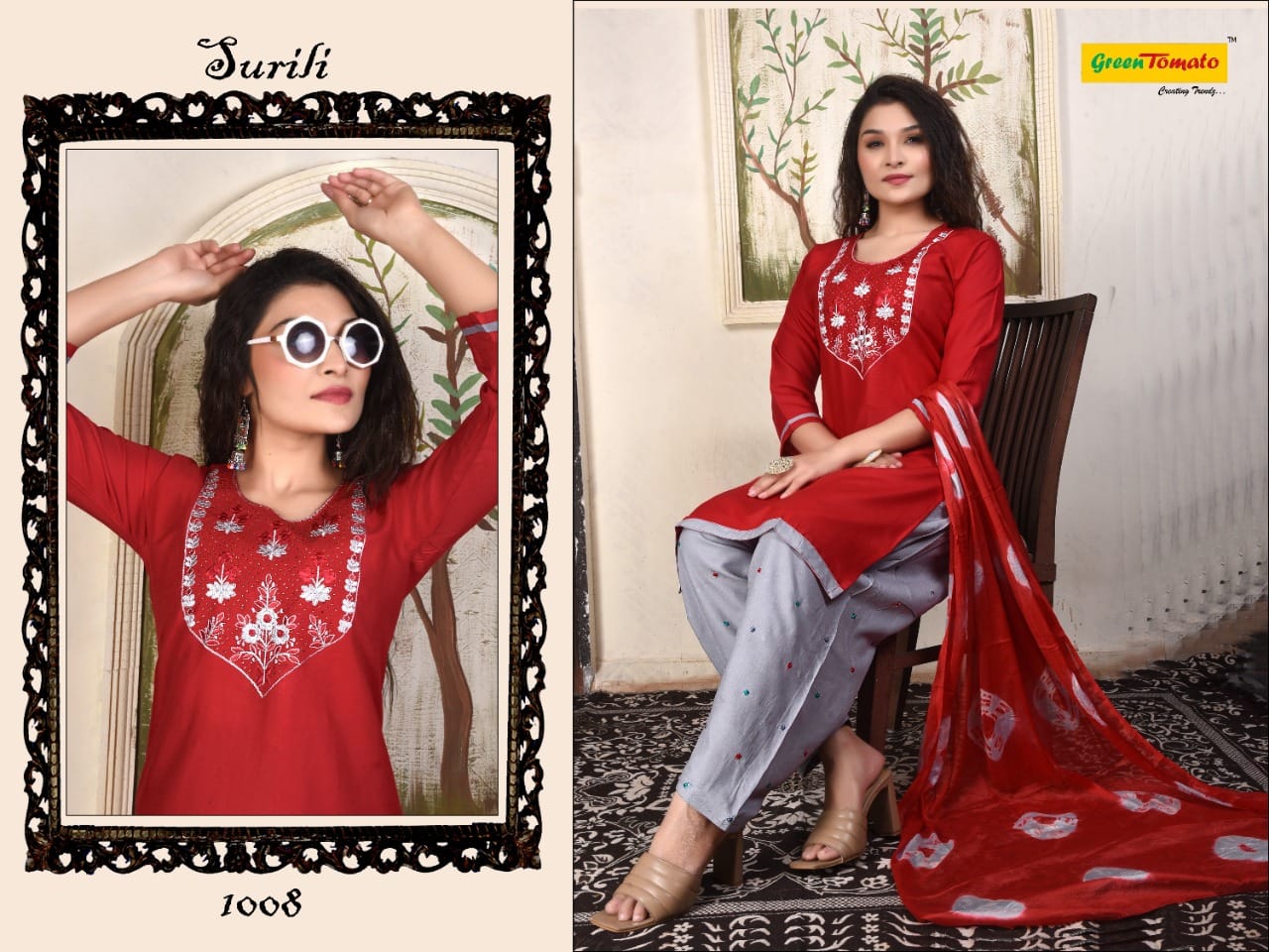 Surili Green Tomato Rayon Readymade Salwar Suits Manufacturer Ahmedabad