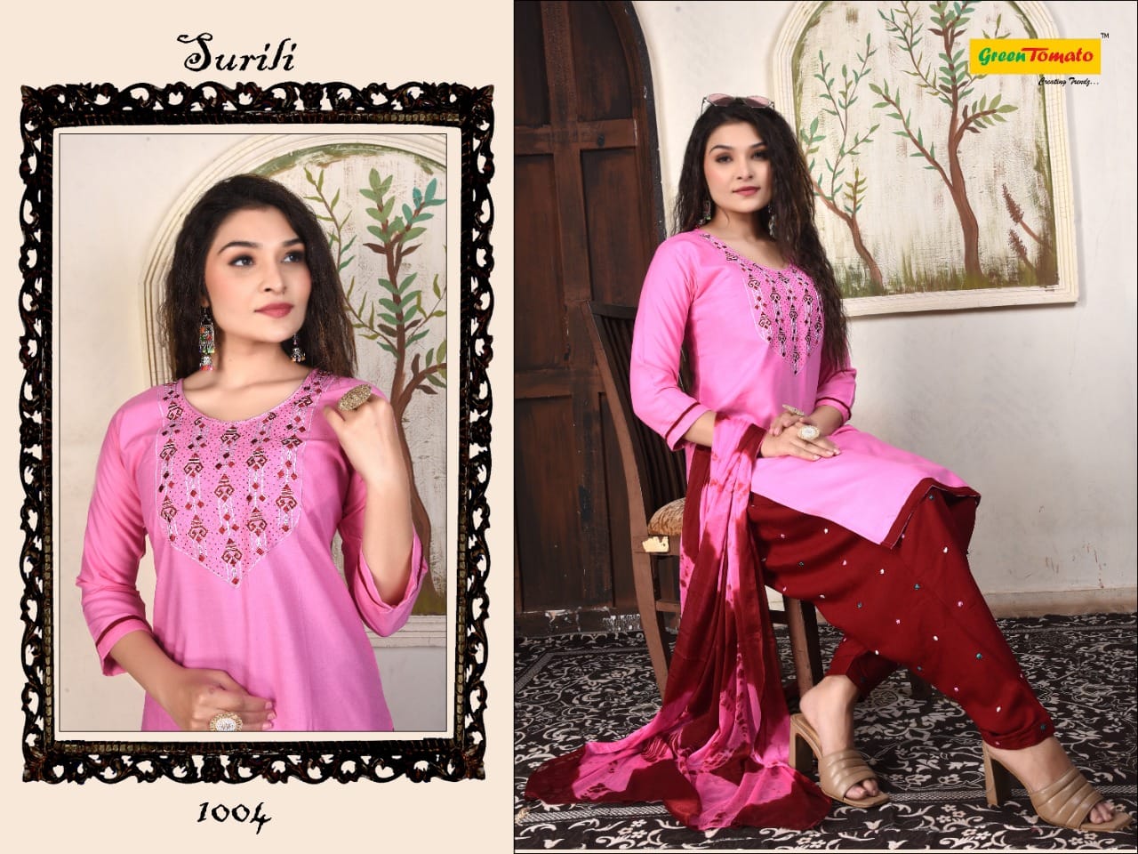 Surili Green Tomato Rayon Readymade Salwar Suits Manufacturer Ahmedabad