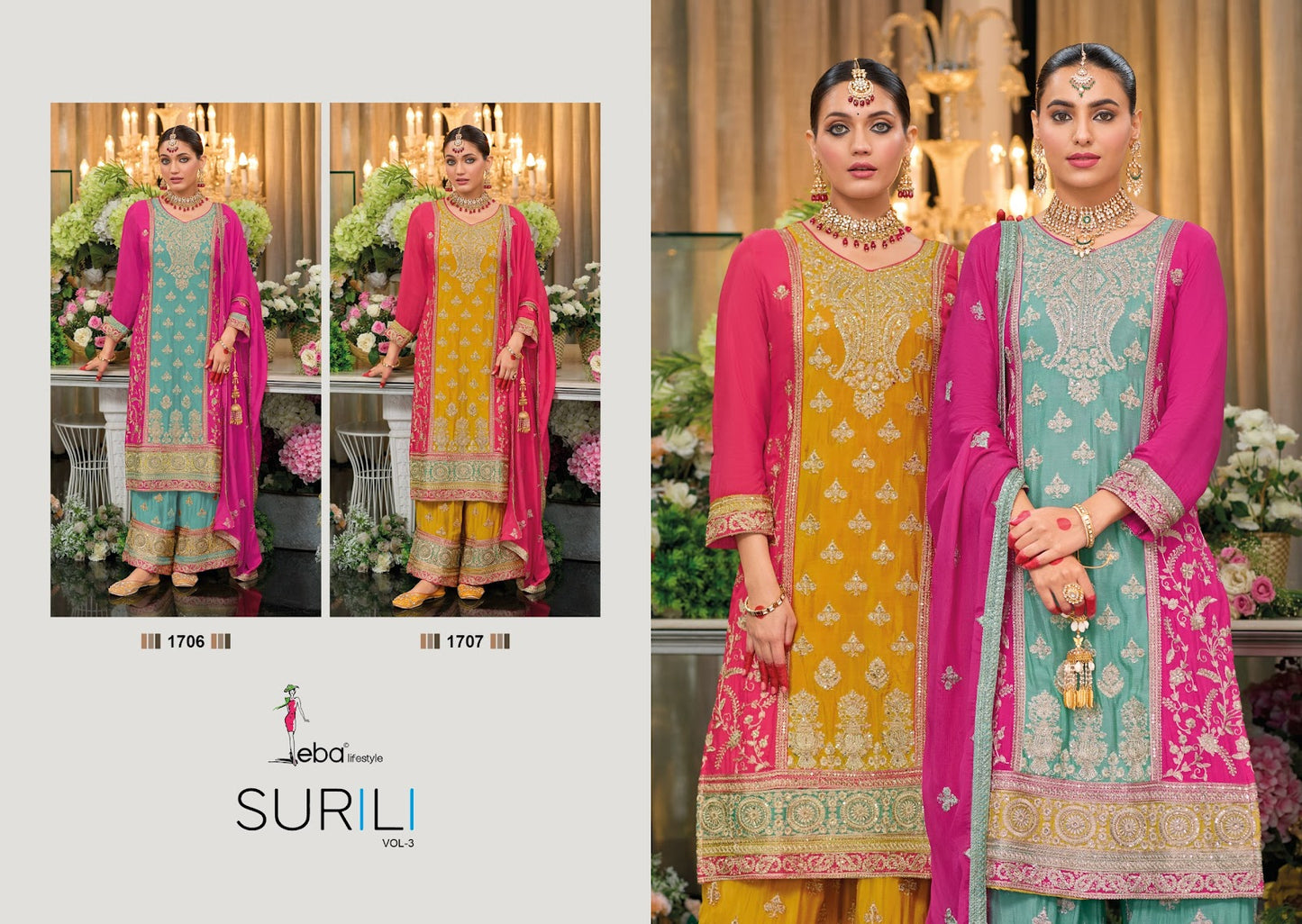Surili Vol 3 Eba Lifestyle Chinon Readymade Plazzo Style Suits Wholesaler Ahmedabad