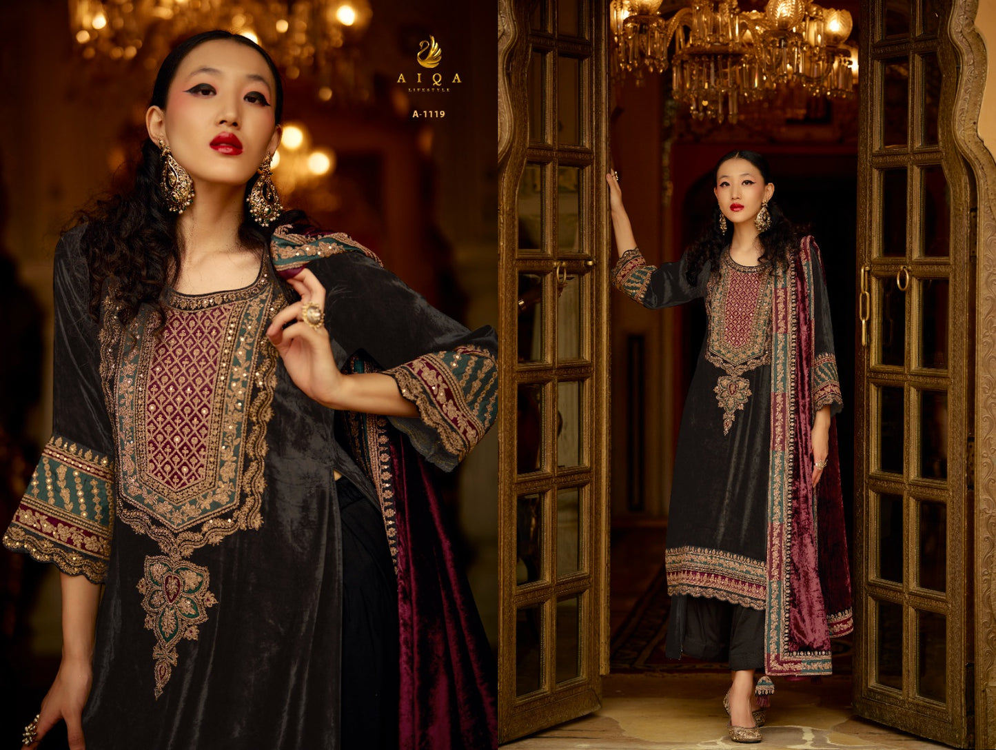 Surkh Aiqa Velvet Suits Supplier India