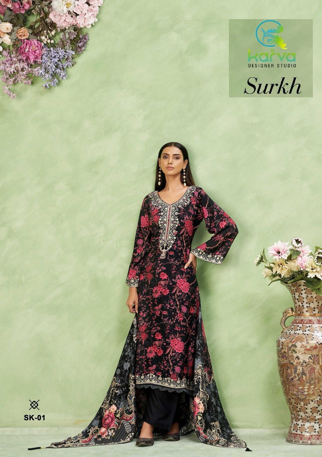 Surkh Vol 2 Karva Designer Studio Viscose Muslin Pant Style Suits Supplier India