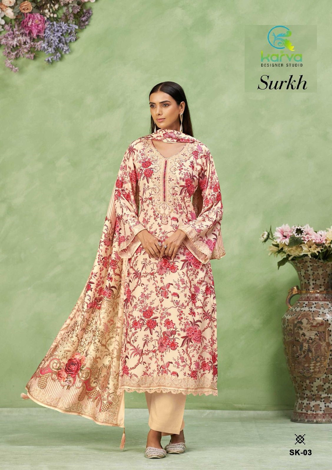 Surkh Vol 2 Karva Designer Studio Viscose Muslin Pant Style Suits Supplier India