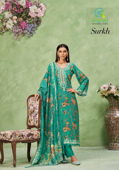 Surkh Vol 2 Karva Designer Studio Viscose Muslin Pant Style Suits Supplier India