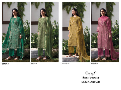 Surveen S5137 Ganga Cotton Satin Pant Style Suits Manufacturer Ahmedabad