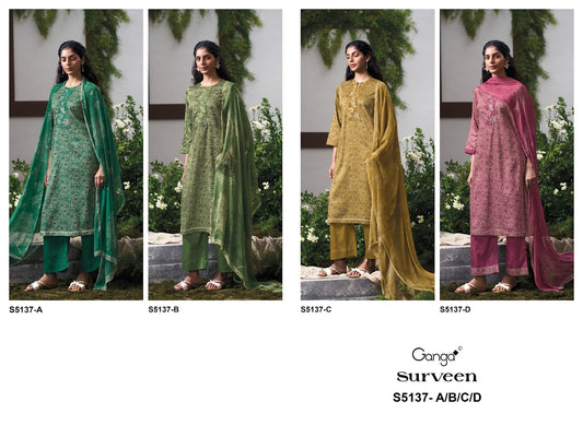 Surveen S5137 Ganga Cotton Satin Pant Style Suits Manufacturer Ahmedabad
