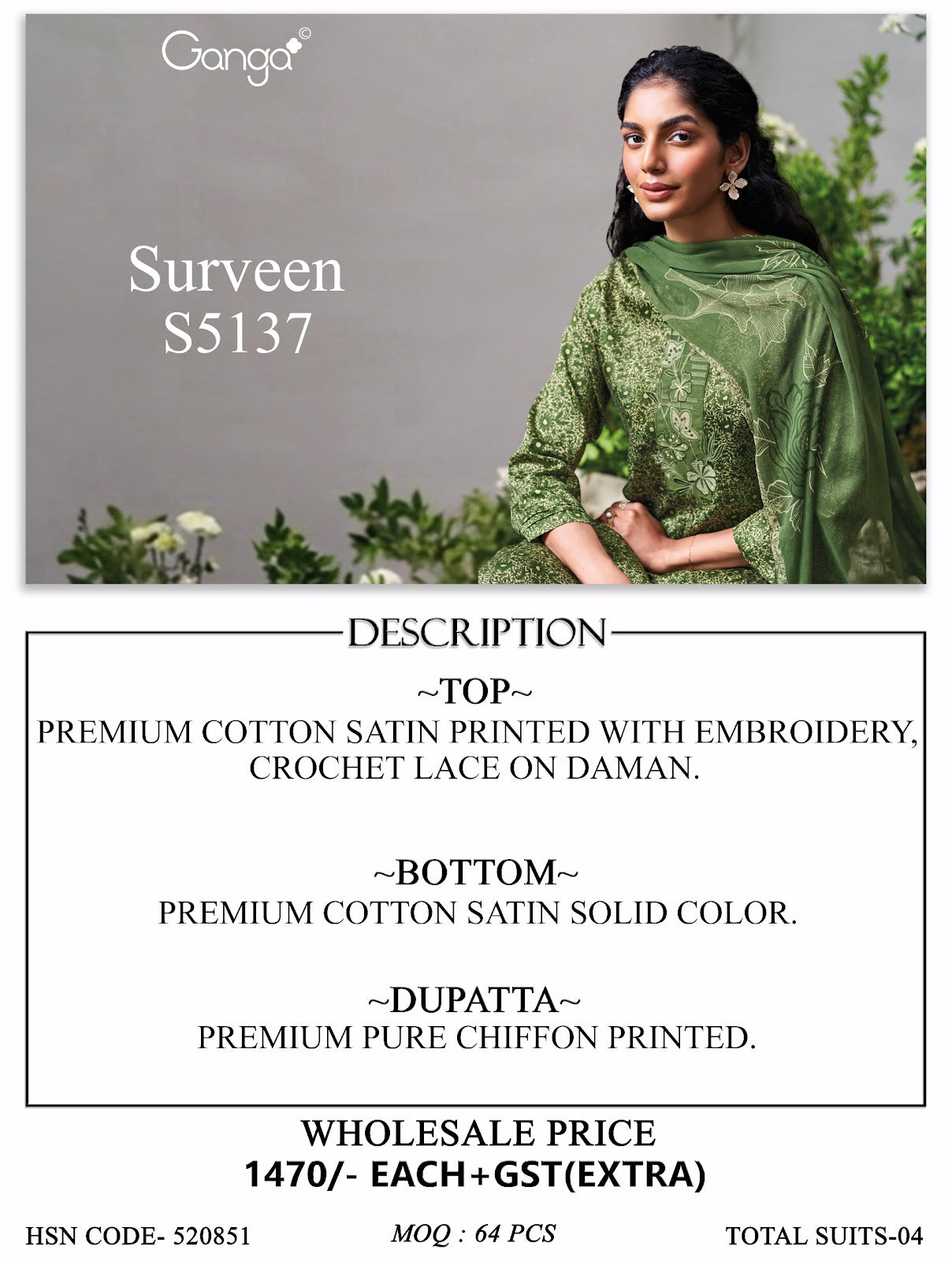 Surveen S5137 Ganga Cotton Satin Pant Style Suits Manufacturer Ahmedabad