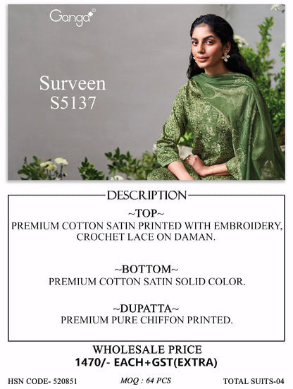 Surveen S5137 Ganga Cotton Satin Pant Style Suits Manufacturer Ahmedabad