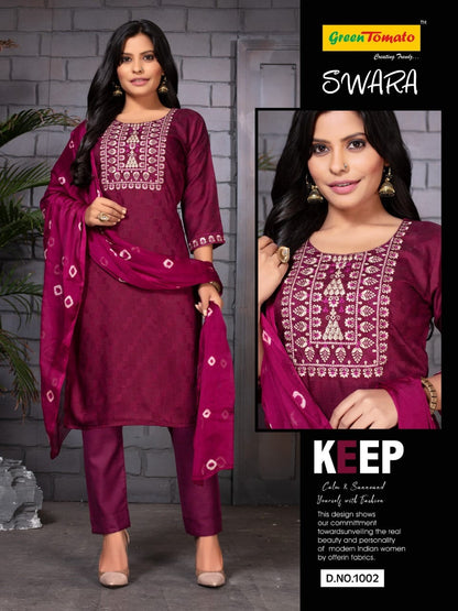 Swara Green Tomato Cotton Readymade Pant Style Suits Wholesaler India