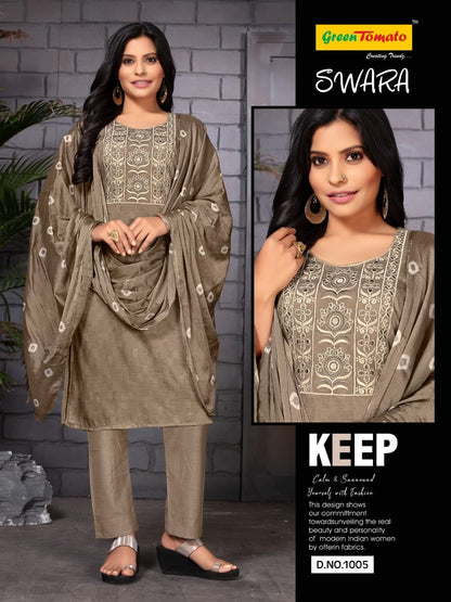 Swara Green Tomato Cotton Readymade Pant Style Suits Wholesaler India