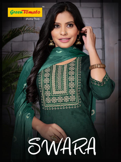 Swara Green Tomato Cotton Readymade Pant Style Suits Wholesaler India