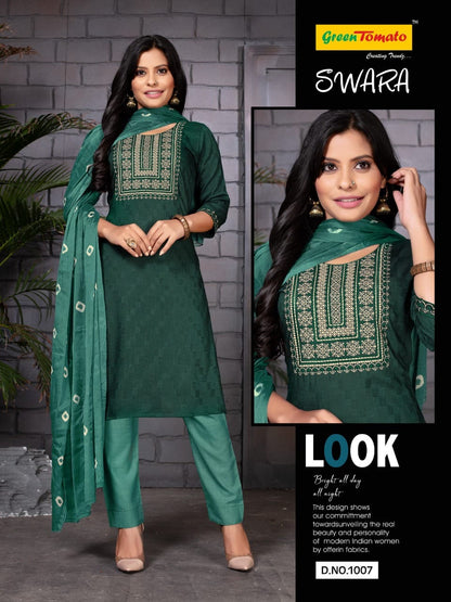 Swara Green Tomato Cotton Readymade Pant Style Suits Wholesaler India