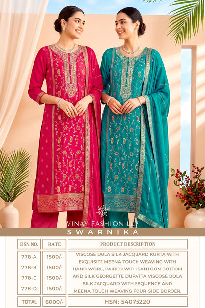 Swarnika Vinay Fashion Llp Dola Silk Pant Style Suits Wholesale Price