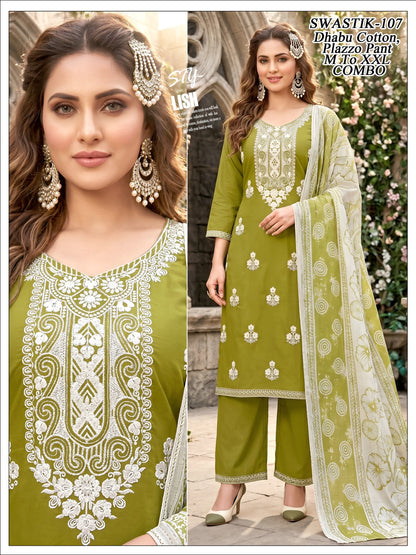 Swastik Green Tomato Dhabu Readymade Cotton Pant Suits Wholesaler India