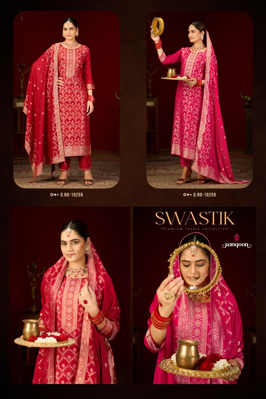 Swastik New Rangoon Russian Jacquard Readymade Pant Style Suits Wholesaler Gujarat