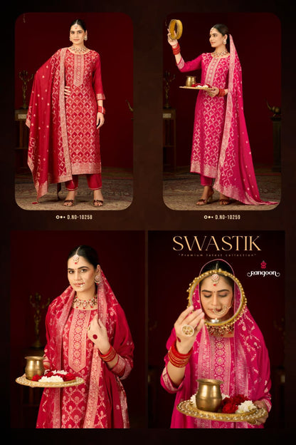 Swastik New Rangoon Russian Jacquard Readymade Pant Style Suits Wholesaler Gujarat