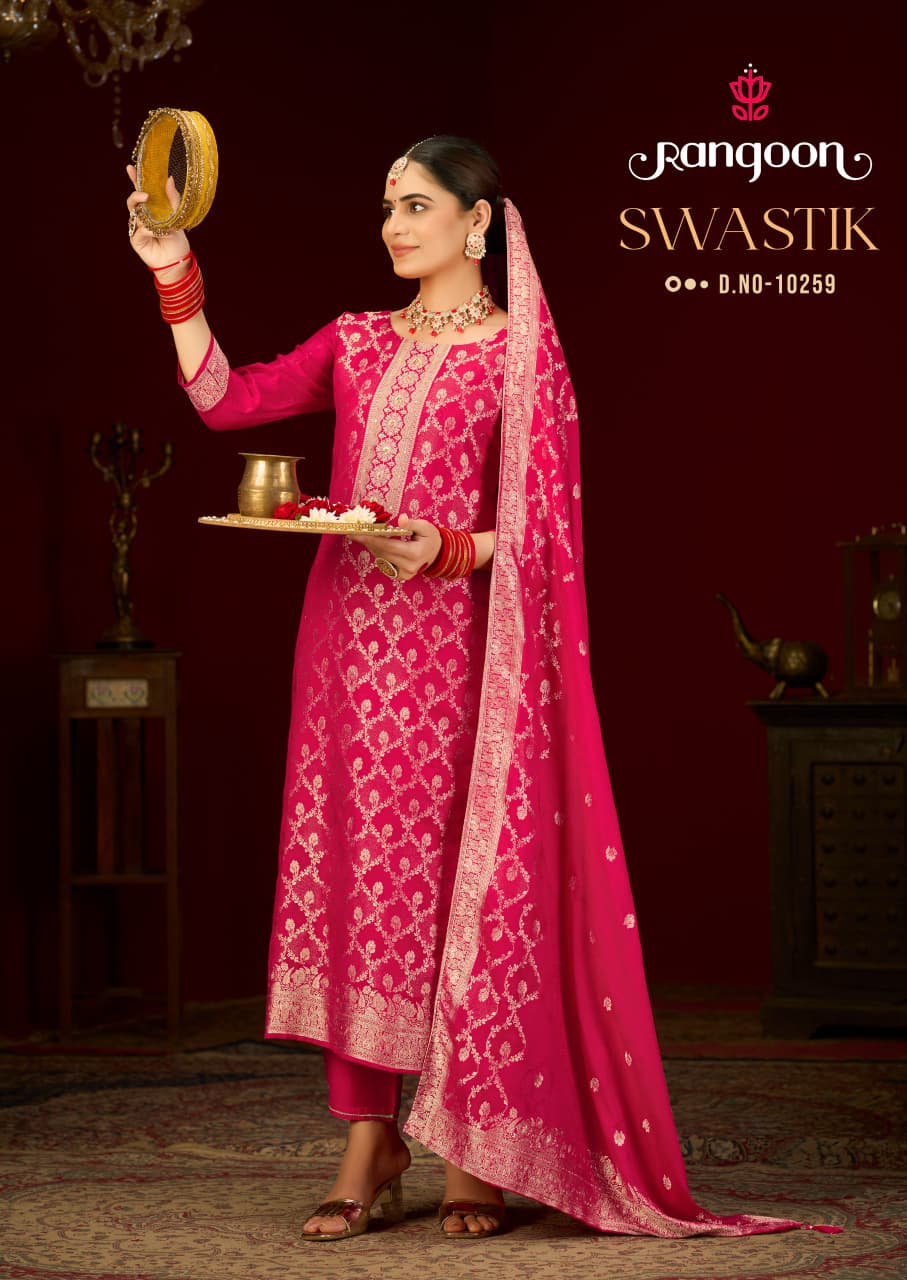 Swastik New Rangoon Russian Jacquard Readymade Pant Style Suits Wholesaler Gujarat