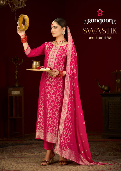 Swastik New Rangoon Russian Jacquard Readymade Pant Style Suits Wholesaler Gujarat