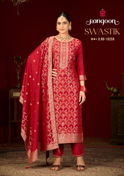 Swastik New Rangoon Russian Jacquard Readymade Pant Style Suits Wholesaler Gujarat