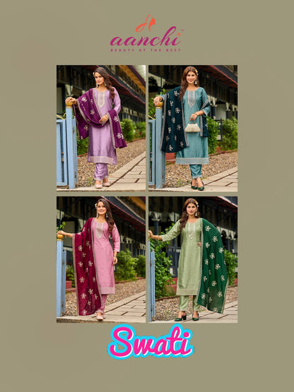 Swati Aanchi Crystal Silk Readymade Pant Style Suits Manufacturer Gujarat