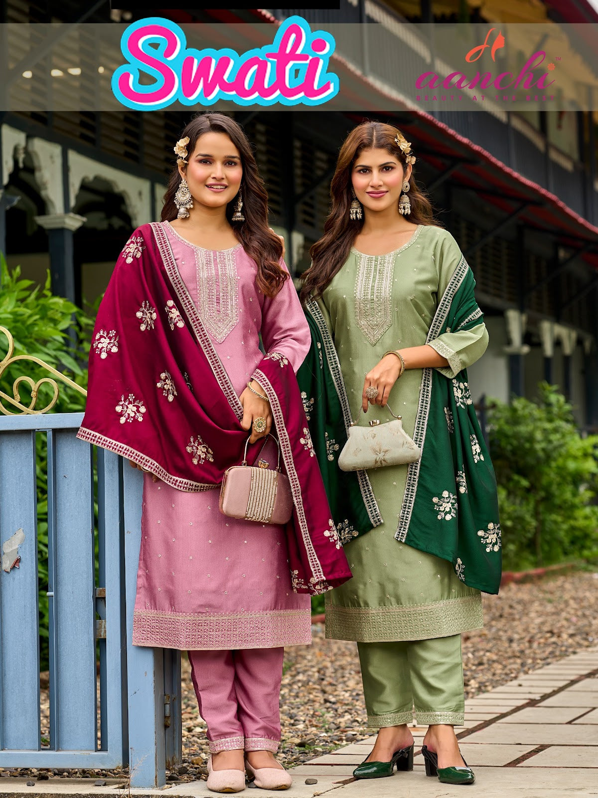 Swati Aanchi Crystal Silk Readymade Pant Style Suits Manufacturer Gujarat