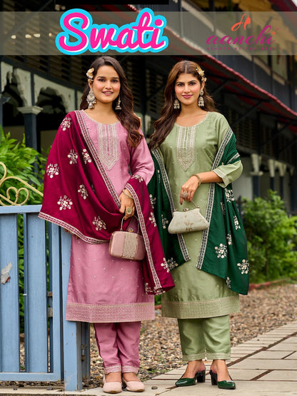 Swati Aanchi Crystal Silk Readymade Pant Style Suits Manufacturer Gujarat