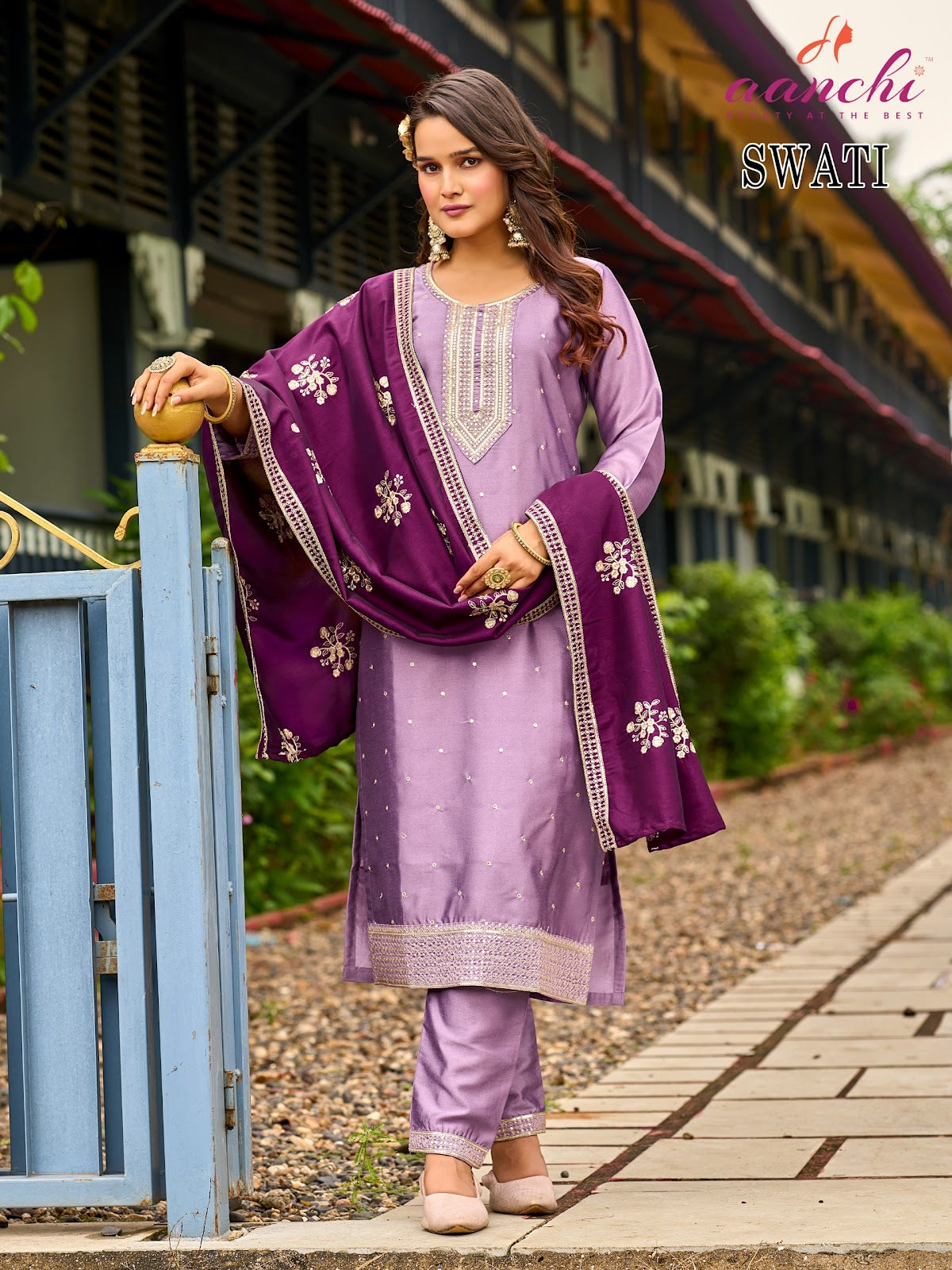 Swati Aanchi Crystal Silk Readymade Pant Style Suits Manufacturer Gujarat