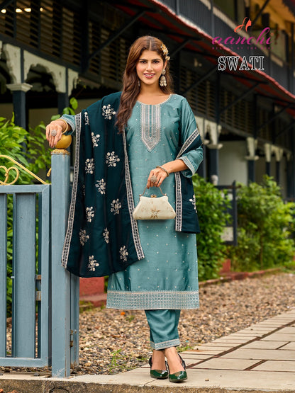 Swati Aanchi Crystal Silk Readymade Pant Style Suits Manufacturer Gujarat