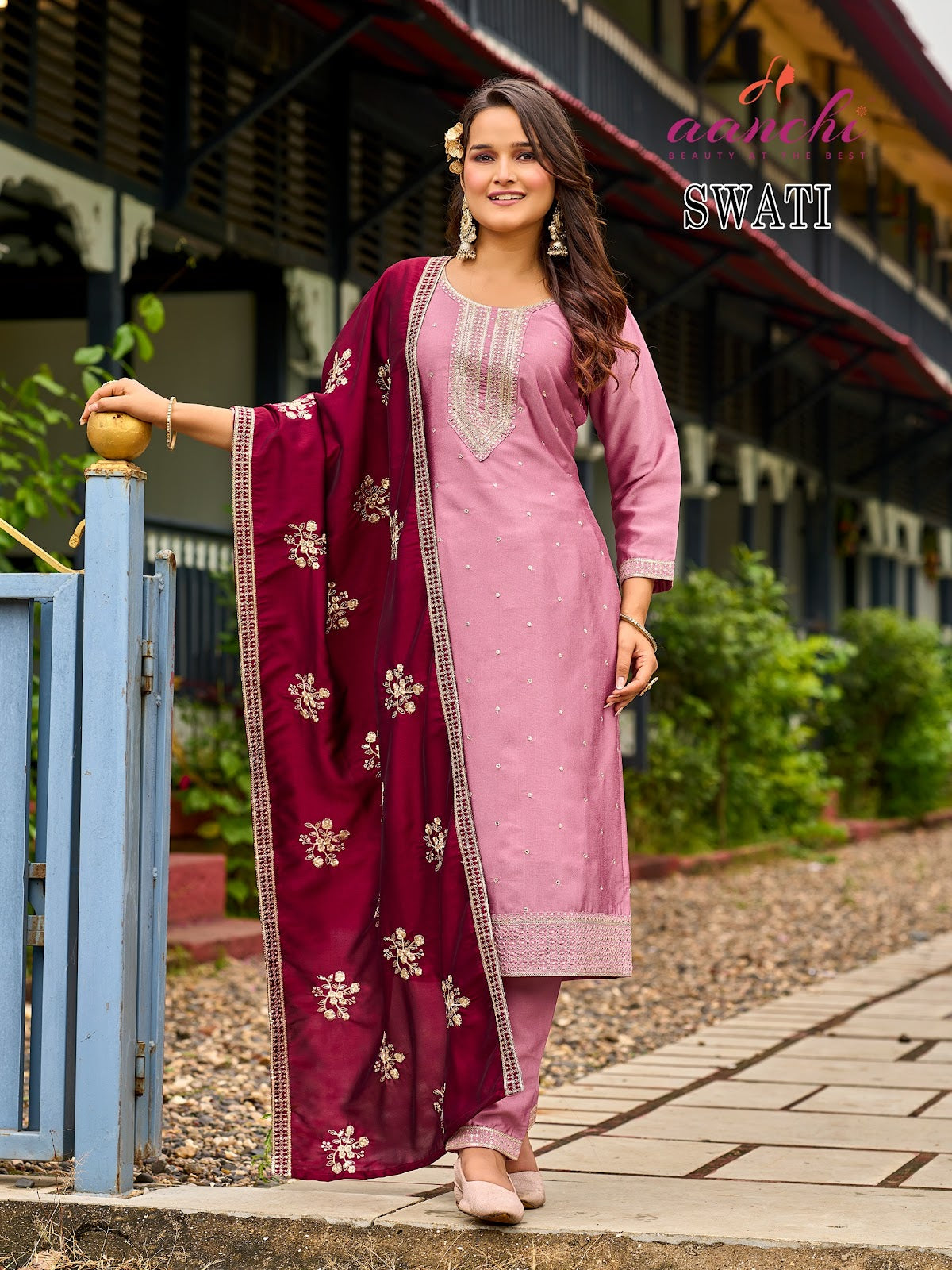 Swati Aanchi Crystal Silk Readymade Pant Style Suits Manufacturer Gujarat
