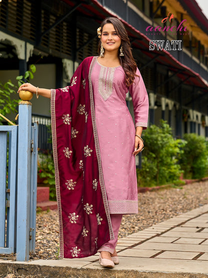 Swati Aanchi Crystal Silk Readymade Pant Style Suits Manufacturer Gujarat