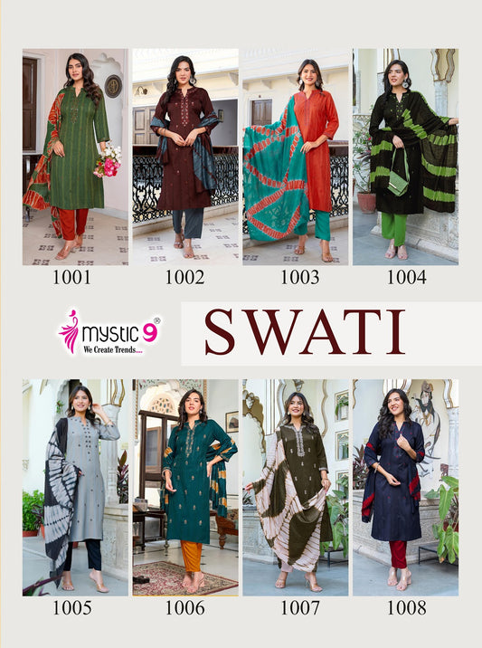 Swati Vol 1 Mystic 9 Rayon Dobby Readymade Pant Style Suits Manufacturer
