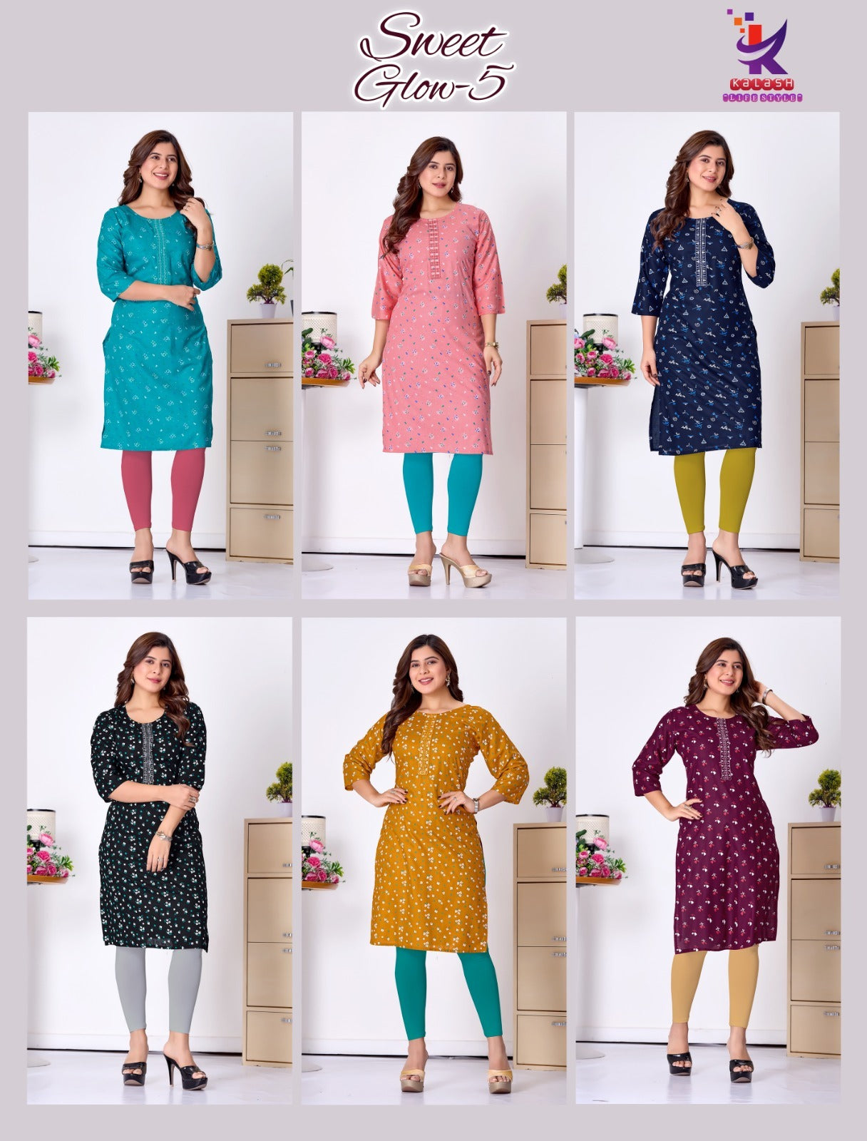 Sweet Glow 5 Mlm Kalash Lifestyle Rayon 14Kg Knee Length Kurtis Wholesale Rate