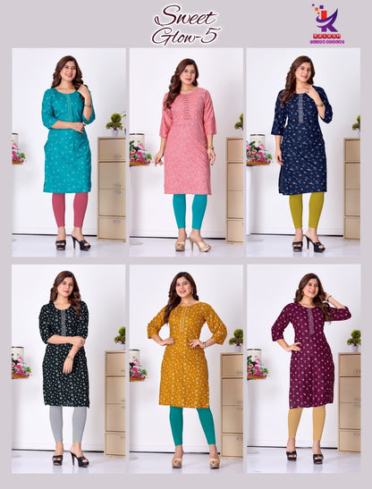 Sweet Glow 5 Mlm Kalash Lifestyle Rayon 14Kg Knee Length Kurtis Wholesale Rate