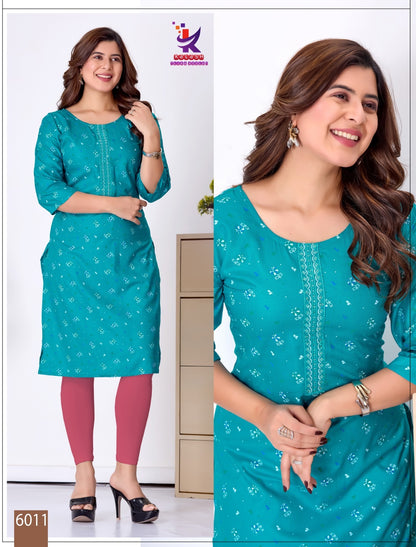 Sweet Glow 5 Mlm Kalash Lifestyle Rayon 14Kg Knee Length Kurtis Wholesale Rate