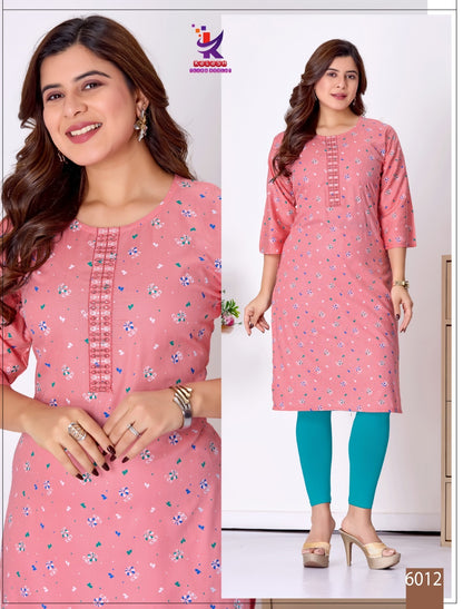 Sweet Glow 5 Mlm Kalash Lifestyle Rayon 14Kg Knee Length Kurtis Wholesale Rate