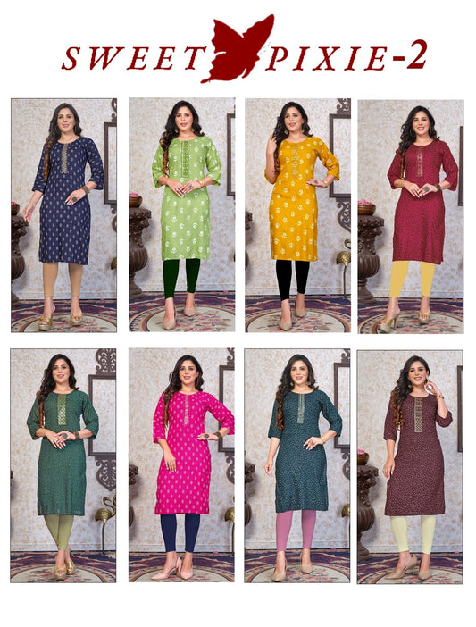 Sweet Pixie 2 Mlm Kalash Lifestyle Rayon 14Kg Straight Cut Kurtis Supplier Ahmedabad