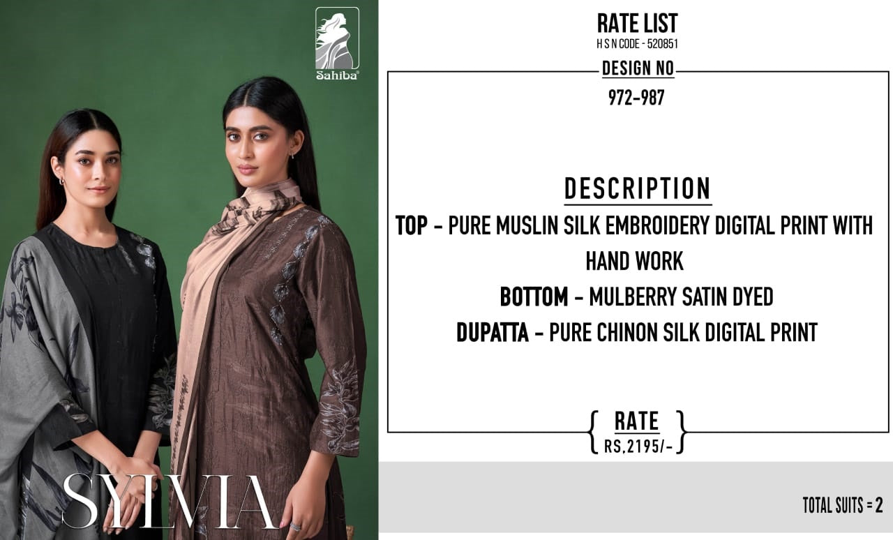 Sylvia Sahiba Muslin Silk Pant Style Suits Supplier Ahmedabad