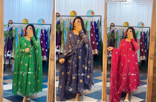 T200 Sttuc Fox Georgette Gown Dupatta Set Wholesaler Ahmedabad