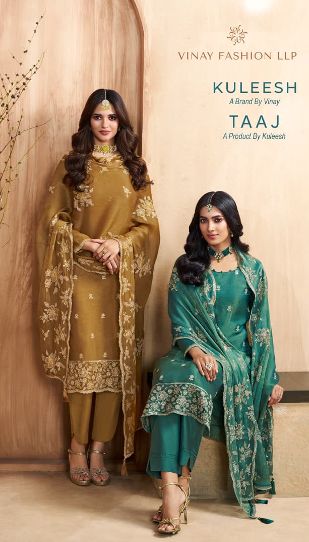 Taaj Kuleesh Vinay Fashion Llp Gold Silk Pant Style Suits Wholesaler India