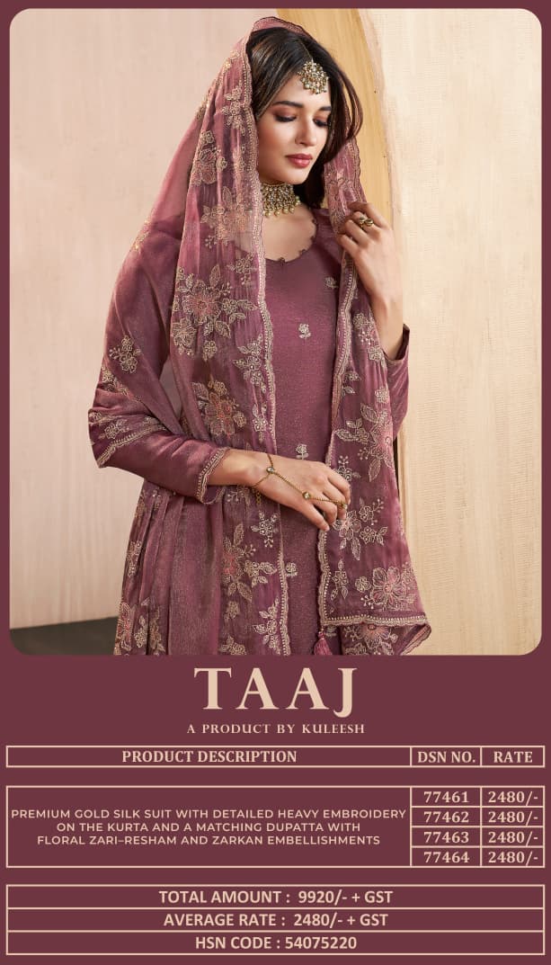 Taaj Kuleesh Vinay Fashion Llp Gold Silk Pant Style Suits Wholesaler India