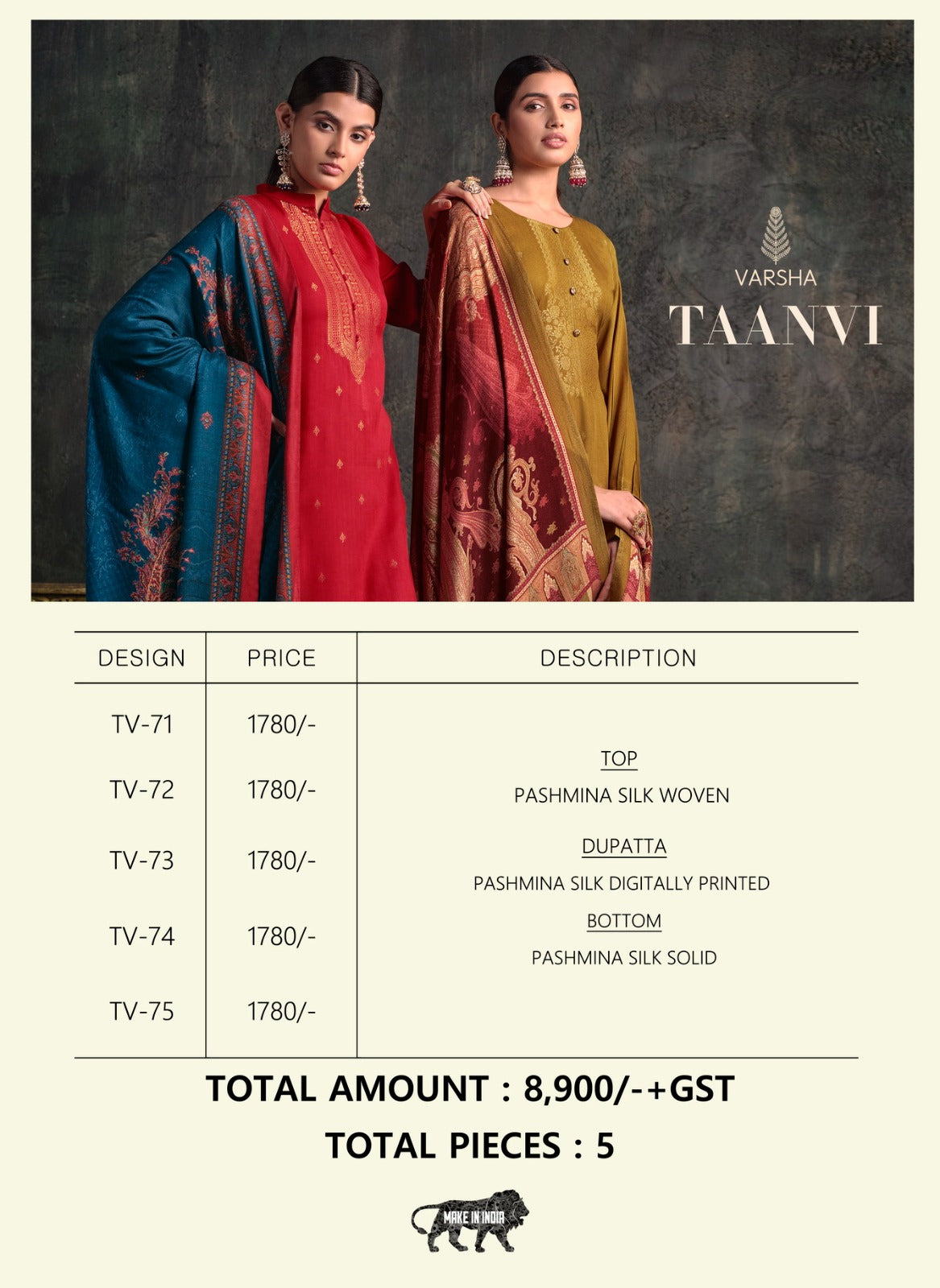 Taanvi Varsha Fashions Woven Silk Pashmina Suits Manufacturer India