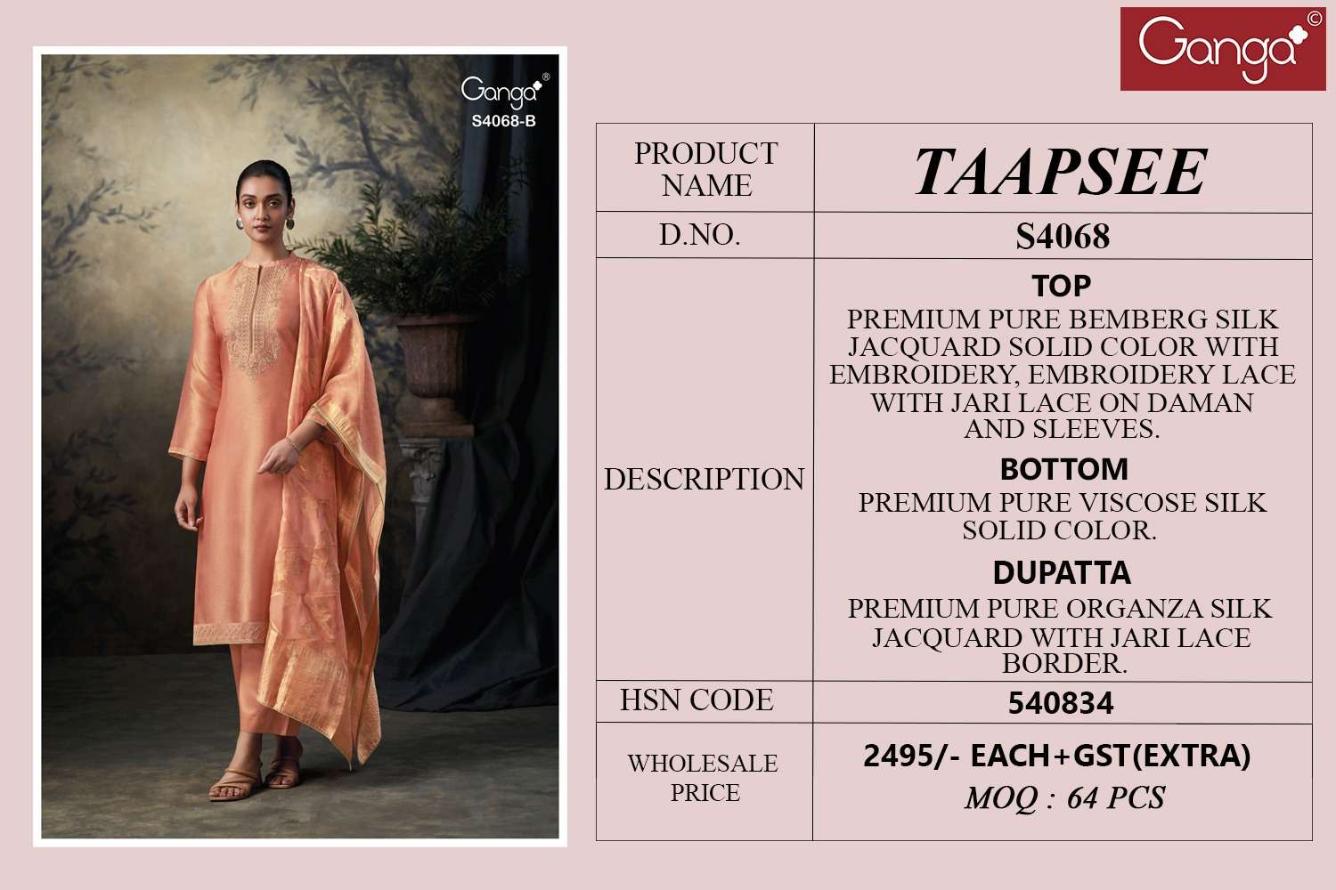 Taapsee 4068 Ganga Premium Bemberg Plazzo Style Suits Manufacturer India