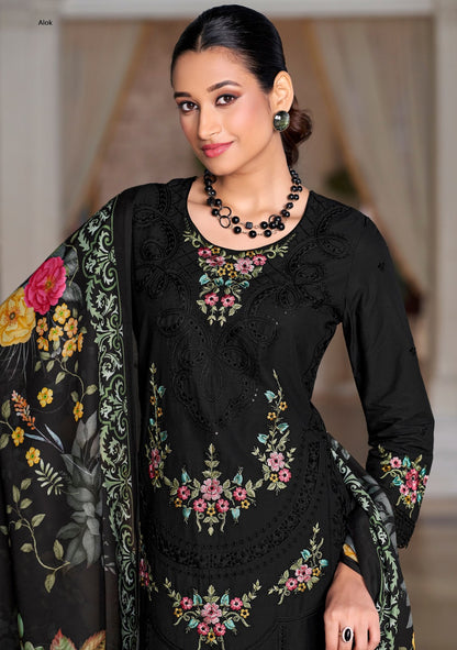 ताबीर एडिशन 18 ब्लैक स्पेशल आलोक कैम्ब्रिक लॉन कराची सलवार सूट निर्यातक अहमदाबाद