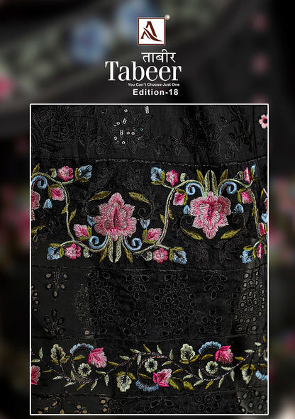 ताबीर एडिशन 18 ब्लैक स्पेशल आलोक कैम्ब्रिक लॉन कराची सलवार सूट निर्यातक अहमदाबाद