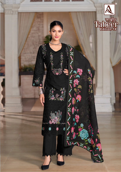ताबीर एडिशन 18 ब्लैक स्पेशल आलोक कैम्ब्रिक लॉन कराची सलवार सूट निर्यातक अहमदाबाद