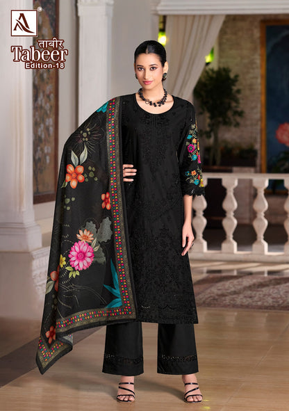 ताबीर एडिशन 18 ब्लैक स्पेशल आलोक कैम्ब्रिक लॉन कराची सलवार सूट निर्यातक अहमदाबाद