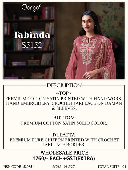 Tabinda S5152 Ganga Cotton Satin Plazzo Style Suits Wholesaler