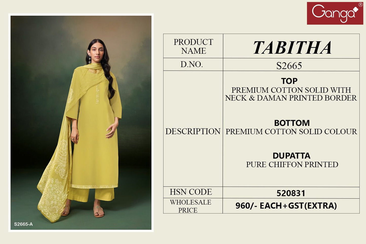 Tabitha 2665 Ganga Cotton Plazzo Style Suits Wholesale Price