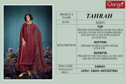 Tahrah 2891 Ganga Premium Bemberg Plazzo Style Suits Exporter Gujarat