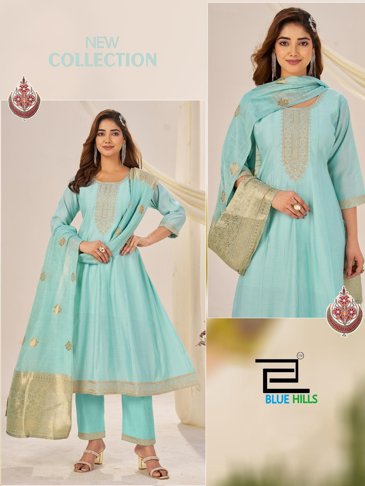 Taj Mahal Vol 10 Blue Hills Roman Silk Readymade Anarkali Suits Supplier India